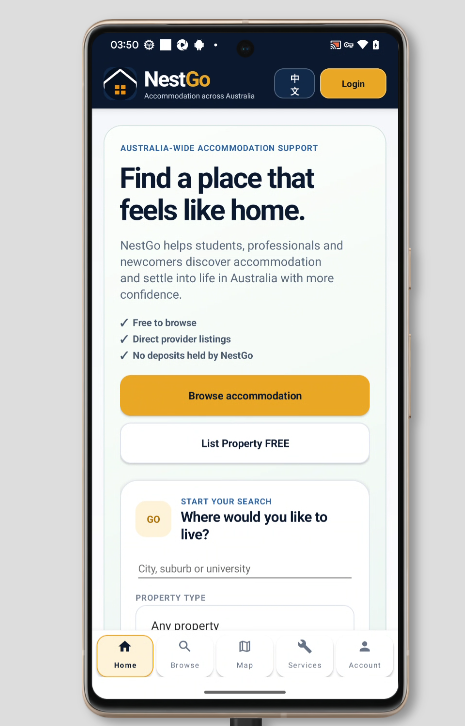 NestGo Android home and accommodation search screen