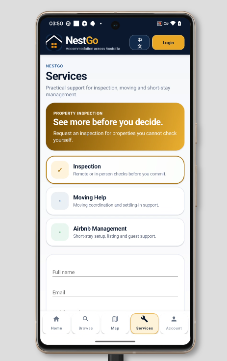 NestGo Android services screen